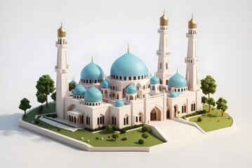 Fototapeta premium Isometric view of mosque with minaret and green park model. 3d isometric render. 3D Illustration 