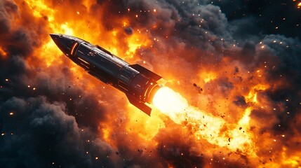 Futuristic space rocket launch, 3D render emphasizing advanced technology and development, with detailed rocket and vibrant blast effects