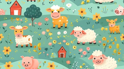 Obraz premium A seamless pattern of playful cartoon sheep, cows, and pigs frolicking in a green pasture with a red barn in the background, vibrant colors, detailed textures, gentle shadows, hd quality,
