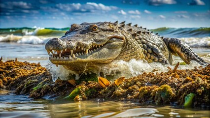 Obraz premium a-large-crocodile-floating-under-seaweed-filled