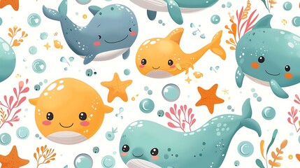 A seamless pattern of playful cartoon whales and dolphins swimming through a coral-filled ocean, with starfish and bubbles floating around, bright blues and greens, soft lighting, hd quality,