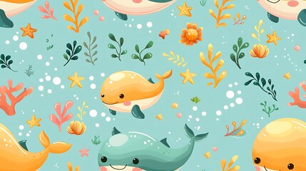 Obraz premium A seamless pattern of playful cartoon whales and dolphins swimming together in a bright blue sea, with starfish and coral in the background, rich oceanic colors, soft shadows, hd quality,
