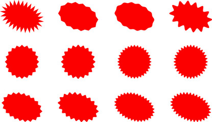 Starburst red sticker set - collection of special offer sale oval and round shaped sunburst labels and badges. Promo stickers with star edges. Vector.