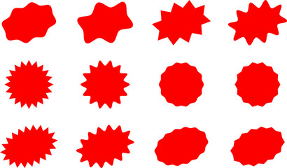 Starburst red sticker set - collection of special offer sale oval and round shaped sunburst labels and badges. Promo stickers with star edges. Vector.