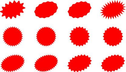 Starburst red sticker set - collection of special offer sale oval and round shaped sunburst labels and badges. Promo stickers with star edges. Vector.