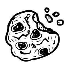 Oatmeal cookies hand drawn doodle. Bitten cookie with chocolate. Dessert food. Confectionery sweets. Sugar pastry. Bakery products. Vector outline line art illustration.