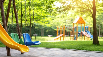 Kids enjoy a colorful playground with slides and climbing features surrounded by green grass and trees in this lively outdoor park environment