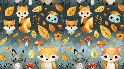 Obraz premium A seamless pattern of whimsical cartoon foxes, owls, and squirrels, exploring a dense forest with mushrooms and acorns, warm autumn colors, detailed fur and foliage textures, hd quality, natural look.