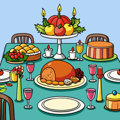 Elegant Thanksgiving Table Setting Featuring Roast Turkey, Stuffing, Cranberry Sauce, and Festive Décor art vector illustration