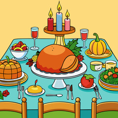 Elegant Thanksgiving Table Setting Featuring Roast Turkey, Stuffing, Cranberry Sauce, and Festive Décor art vector illustration