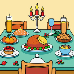 Elegant Thanksgiving Table Setting Featuring Roast Turkey, Stuffing, Cranberry Sauce, and Festive Décor art vector illustration