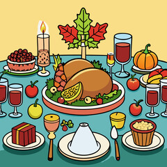 Elegant Thanksgiving Table Setting Featuring Roast Turkey, Stuffing, Cranberry Sauce, and Festive Décor art vector illustration