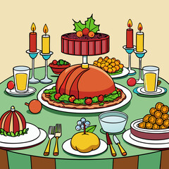 Elegant Thanksgiving Table Setting Featuring Roast Turkey, Stuffing, Cranberry Sauce, and Festive Décor art vector illustration