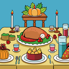 Elegant Thanksgiving Table Setting Featuring Roast Turkey, Stuffing, Cranberry Sauce, and Festive Décor art vector illustration