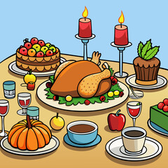 Elegant Thanksgiving Table Setting Featuring Roast Turkey, Stuffing, Cranberry Sauce, and Festive Décor art vector illustration