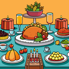 Elegant Thanksgiving Table Setting Featuring Roast Turkey, Stuffing, Cranberry Sauce, and Festive Décor art vector illustration