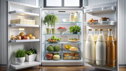 Fresh cold milk carton sits on middle shelf of organized refrigerator, surrounded by healthy snacks and sleek appliance interior in modern kitchen setting.