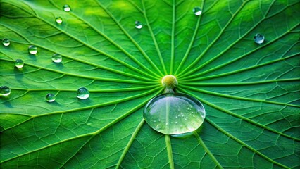 Fresh droplets of water glisten on the emerald green, velvety surface of a lotus leaf, showcasing nature's beauty and serene, peaceful atmosphere.