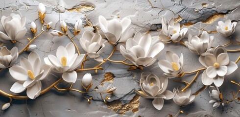 Flower botanical drawing, 3D wall decoration, 3 panels