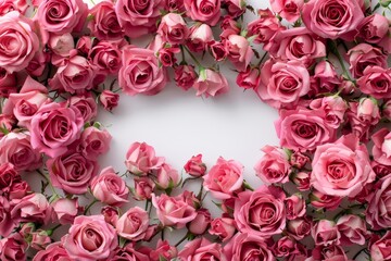 With pink roses on a white background with space for text or message, this flat lay composition includes pink rose flowers and leaves on a white background.