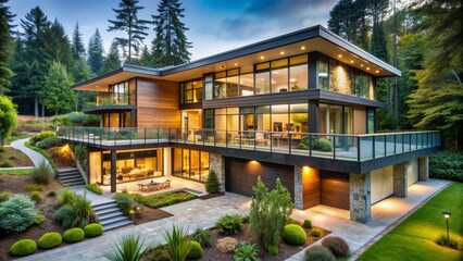 Obraz premium Modern Luxury Home with Expansive Windows and Lush Landscaping, architecture, design, contemporary, residential