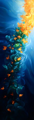 Naklejka premium A painting of a blue and yellow stream of flowers with a blue background. The painting is titled The Stream of Life