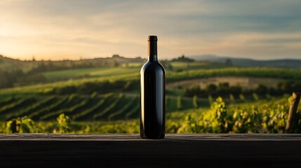 Wine Bottle in Vineyard at Sunset
