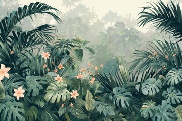 Decorative mural photo wallpaper jungle and graceful leaves tropical forest vintage background graphics painting art card poster print interior. AI generated.