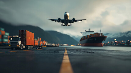 Fototapeta premium Airplane Taking Off, Cargo Truck, and Container Ship in Harbor with Mountains