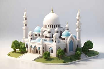 Obraz premium Isometric view of mosque with minaret and green park model. 3d isometric render. 3D Illustration 