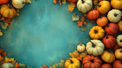 A vibrant collection of pumpkins arranged against a teal background with autumn leaves, perfect for fall-themed banners.