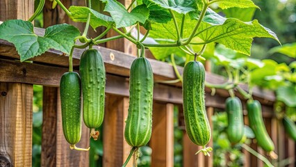 Fresh long cucumber plant grows along trellis in garden, its pale green slender fruits entwining around wooden slats, lush green leaves surrounding it.