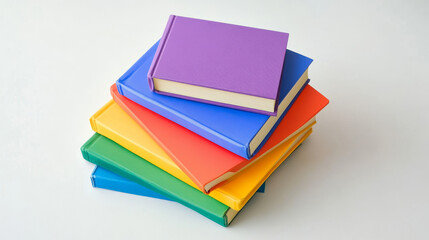 Assorted colorful books stacked together on a white surface.