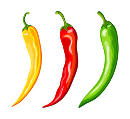 Set of hot colored chili peppers in cartoon style. Vector illustration of fresh,spicy chili pepper with green stem: yellow, red, green isolated on white background. Logo. Useful vegetables. Burning.