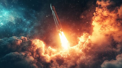 3D render of a space rocket launch, showcasing technology development with a sleek rocket ascending amidst a vibrant, detailed background