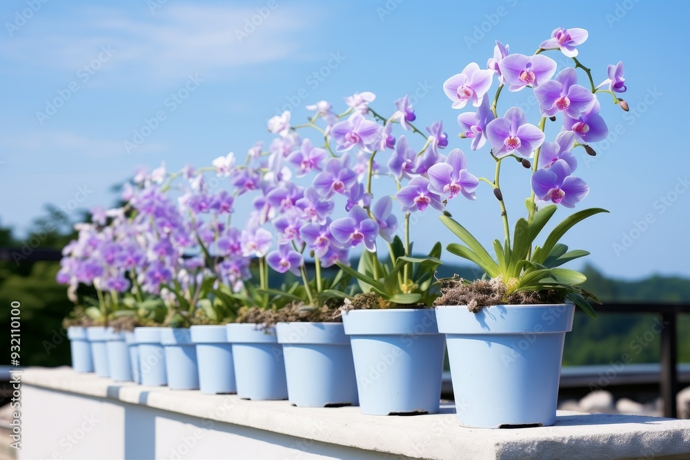 Wall mural stunning purple orchids in pots - a vibrant floral display