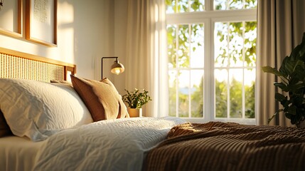 Cozy sunlit bedroom with pillows and blanket
