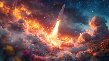 3D render of a space rocket launch, showcasing technology development with a sleek rocket ascending amidst a vibrant, detailed background