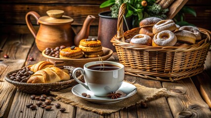 Freshly brewed coffee and sweet pastries are arranged on a rustic wooden table, surrounded by vintage utensils and a woven basket, evoking a cozy morning scene.