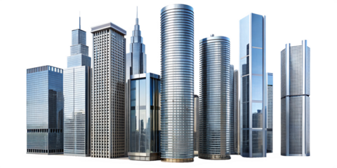 detached buildings, apartment blocks and high-rise buildings with glass facades and transparent skyline