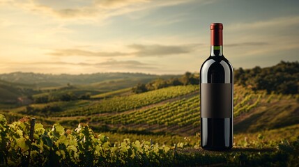 Red Wine Bottle in Scenic Vineyard Landscape
