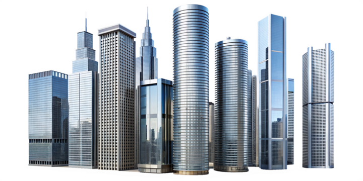 detached buildings, apartment blocks and high-rise buildings with glass facades and transparent skyline	