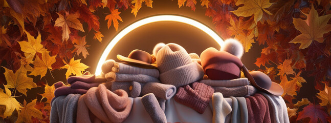 a stack of sweaters, hats and shoes, winter clothes. autumn background of yellow leaves