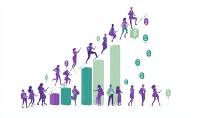 Flat illustration of business people climbing chart bars representing growth and success
