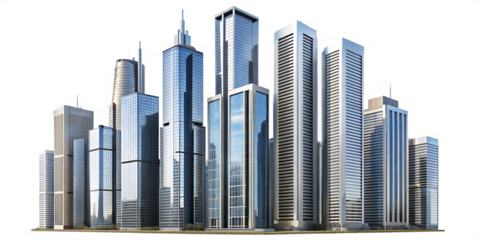 detached buildings, apartment blocks and high-rise buildings with glass facades and transparent skyline	