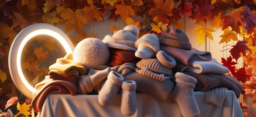 a stack of sweaters, hats and shoes, winter clothes. autumn background of yellow leaves