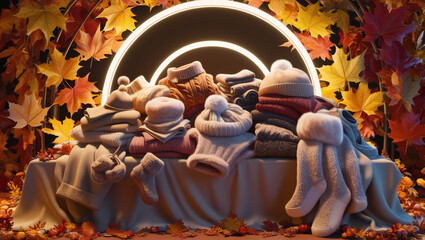 a stack of sweaters, hats and shoes, winter clothes. autumn background of yellow leaves