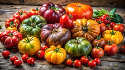 Freshly harvested heirloom tomatoes of various vibrant colors and unique shapes are artfully arranged on a rustic wooden table, showcasing their exceptional cultivar diversity.
