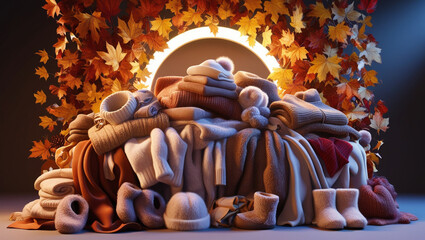 a stack of sweaters, hats and shoes, winter clothes. autumn background of yellow leaves