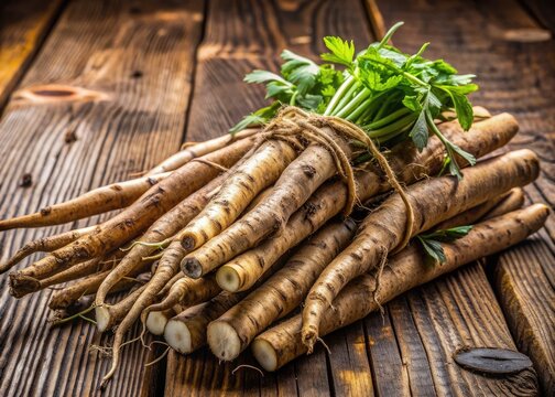 Freshly harvested raw salsify root, a natural and nutritious ingredient used in herbal medicine and vegetarian cuisine, resting on a rustic wooden table.